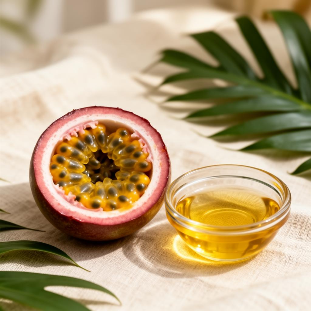 Halved passion fruit beside a dish of golden maracujá seed oil