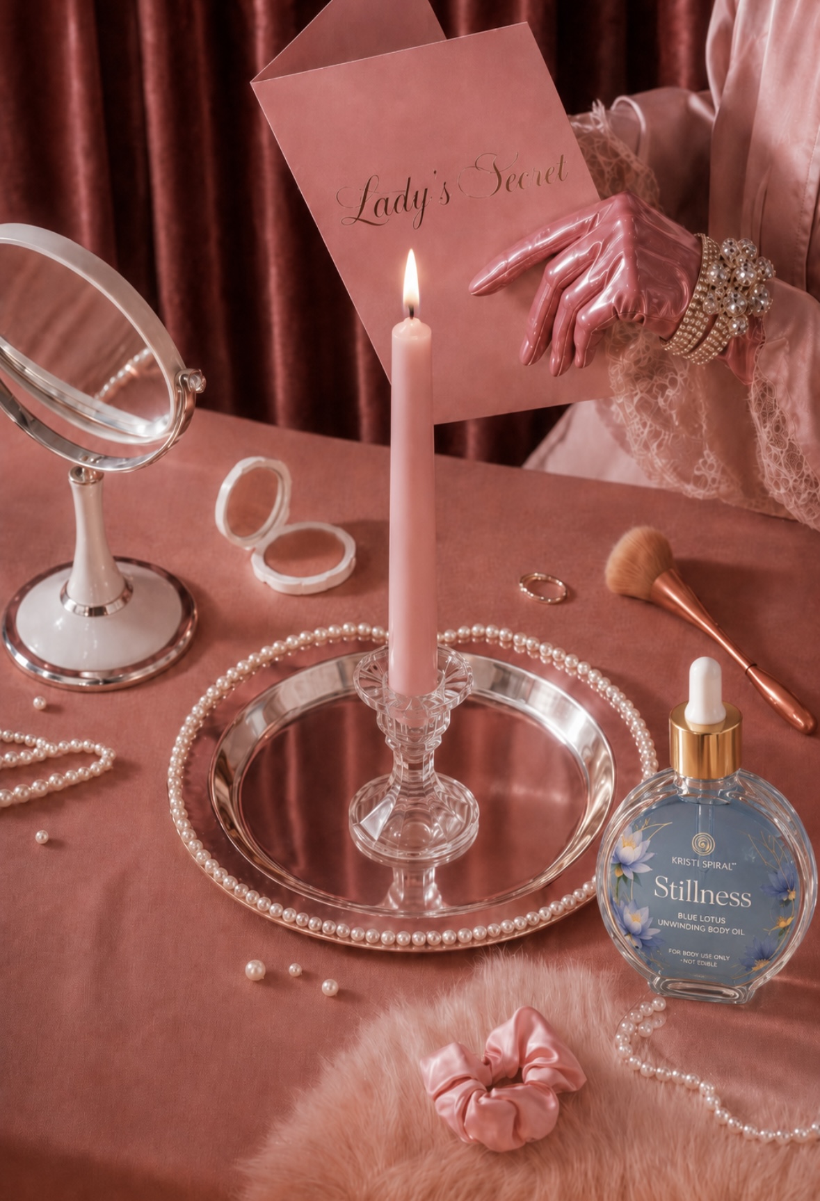A vanity in rose light with a pink taper candle, pearls, silver mirror, and a blue Stillness body oil bottle