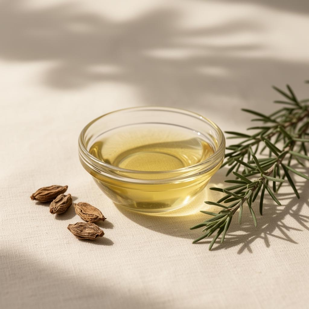Glass dish of pale golden jojoba oil with jojoba seeds and a sprig of green leaves