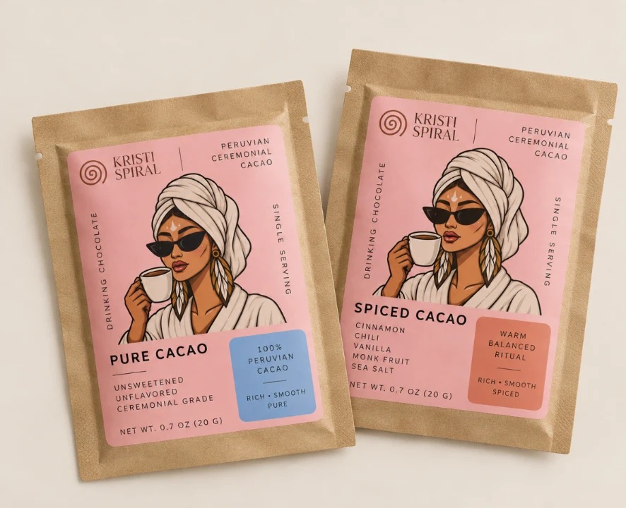 Kristi Spiral ceremonial cacao packets — Pure Cacao and Spiced Cacao