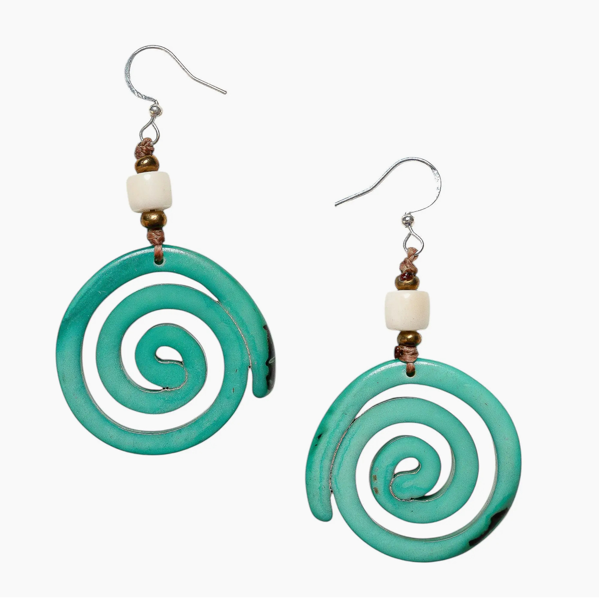 Hand-carved tagua spiral earrings in teal
