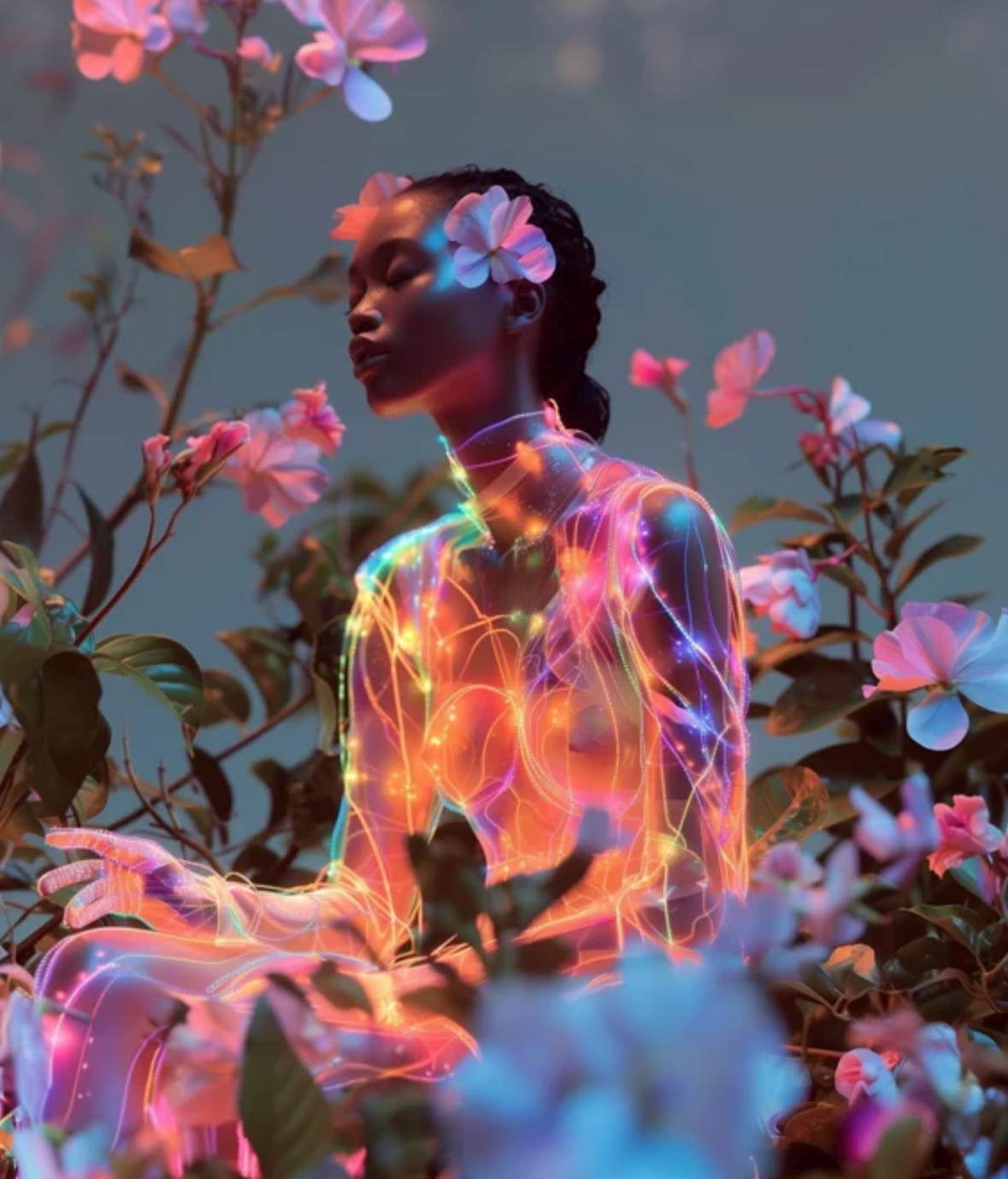 Woman surrounded by glowing pink flowers and luminous neural light, representing the nervous system as a living master key