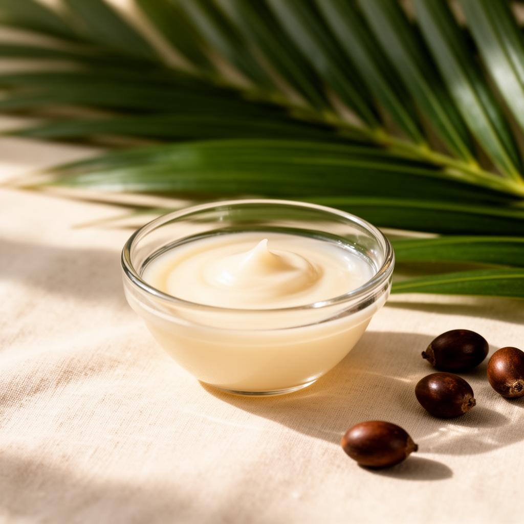 Glass bowl of silky babassu oil beside palm fronds and babassu nuts