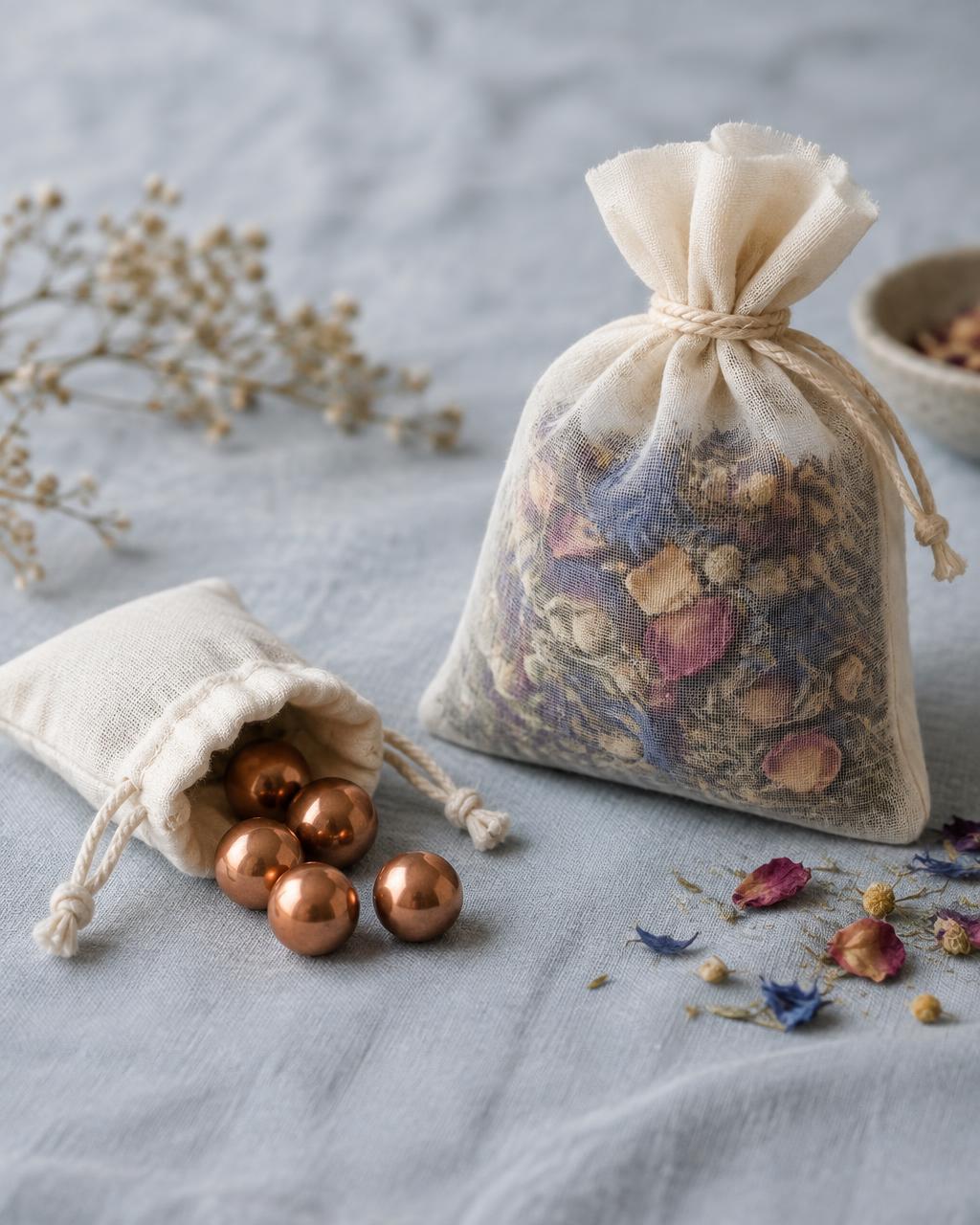 Reusable copper bath pouch beside a larger botanical bath tea sachet