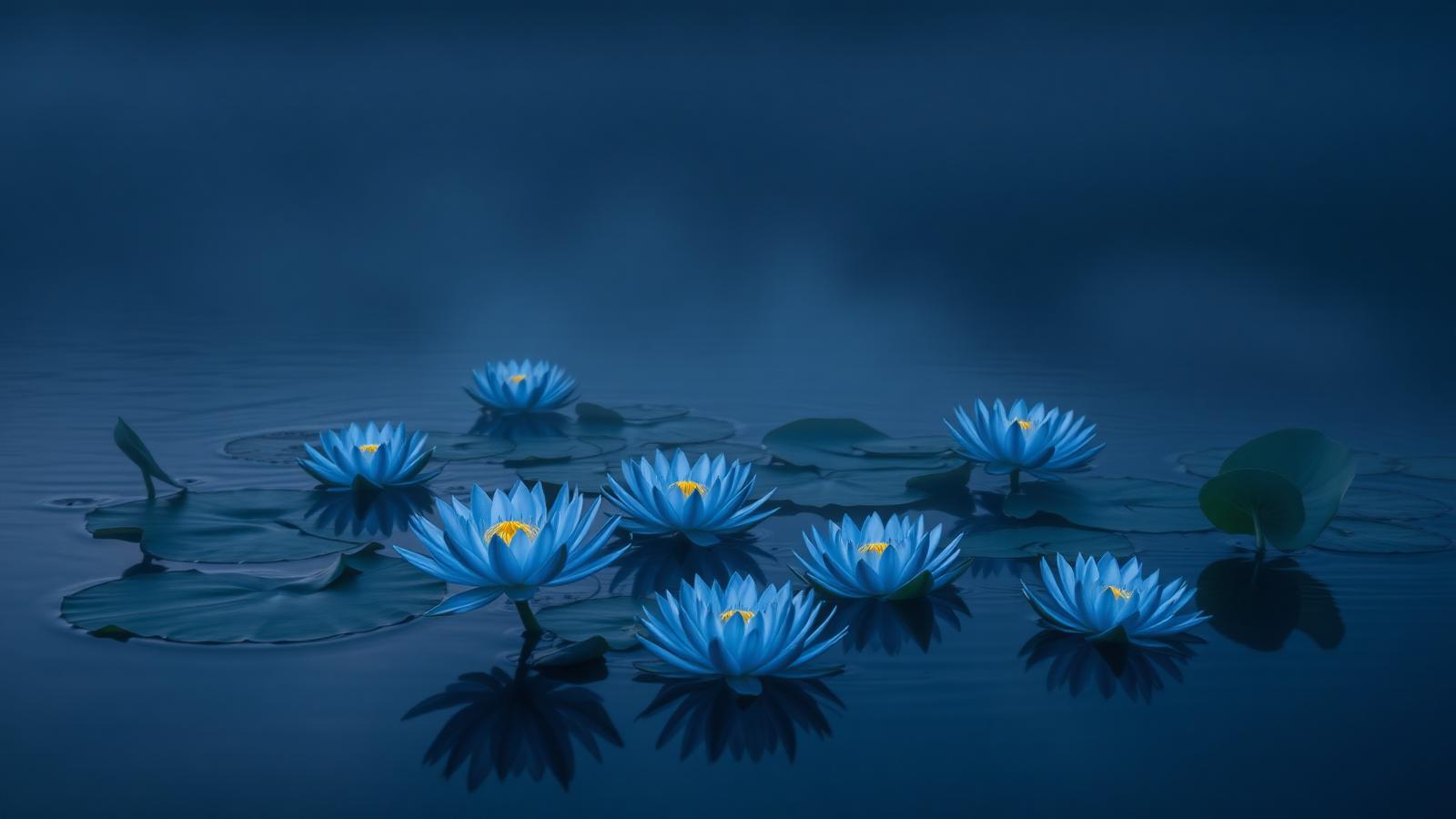 Blue lotus flowers floating on still water at dusk