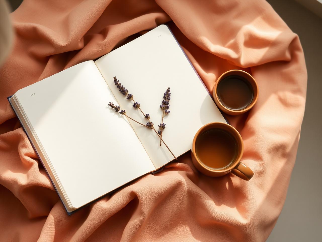 An open journal on peach linen with a sprig of lavender and a warm cup of tea