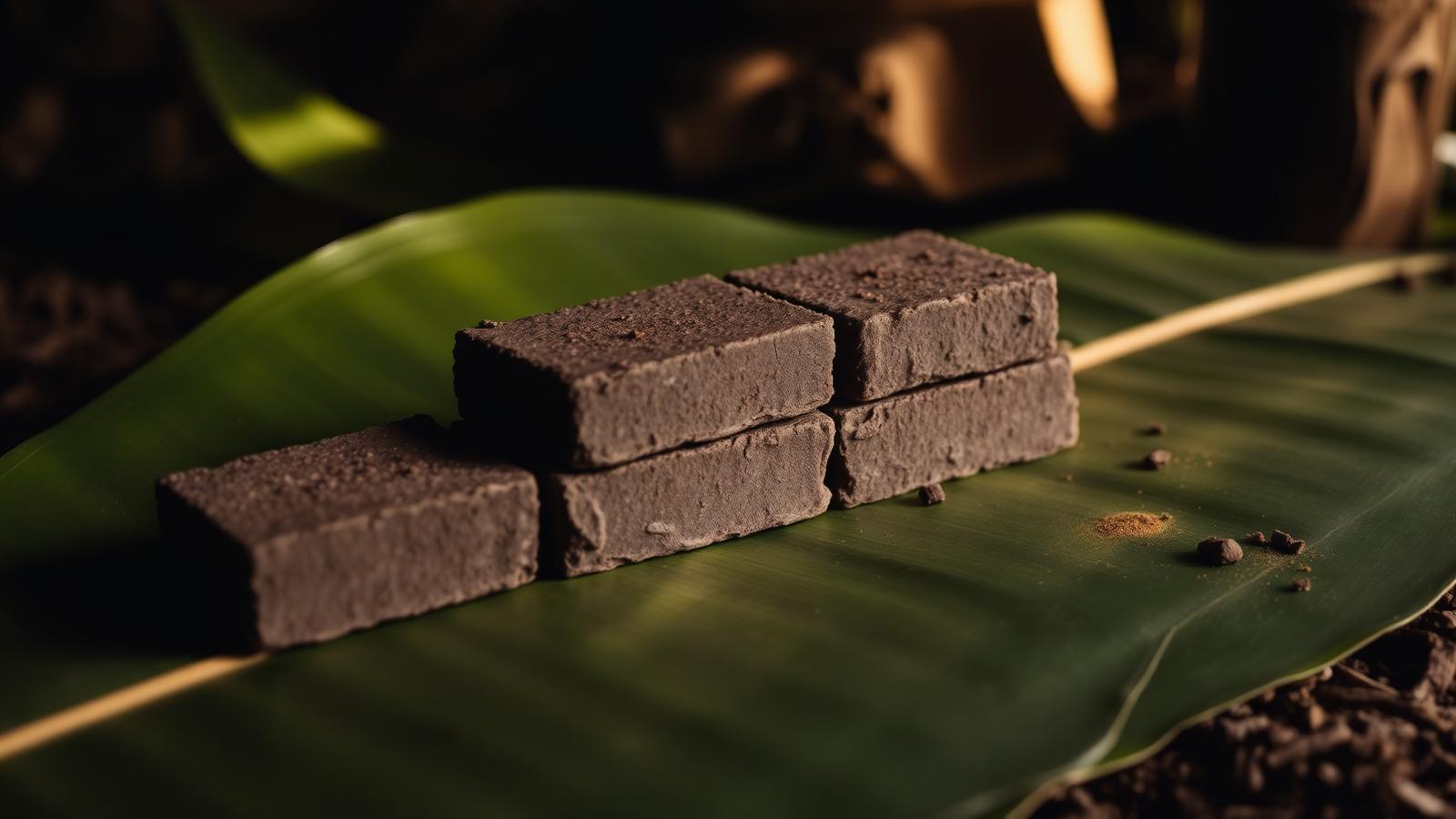 Stone-ground ceremonial cacao blocks resting on banana leaves